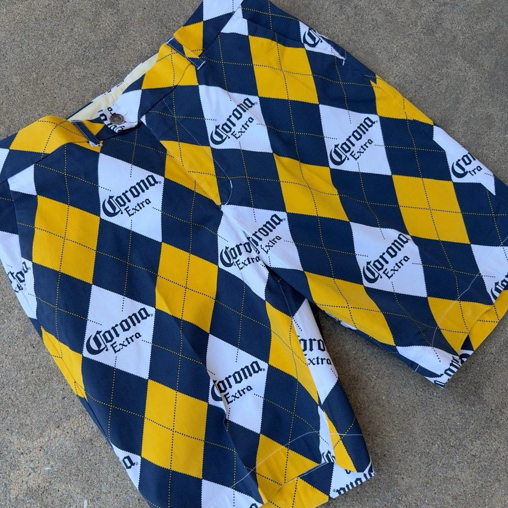 Loudmouth Corona Extra Argyle Men's Golf Heritage Shorts Size 36 Cerveza - Picture 2 of 12